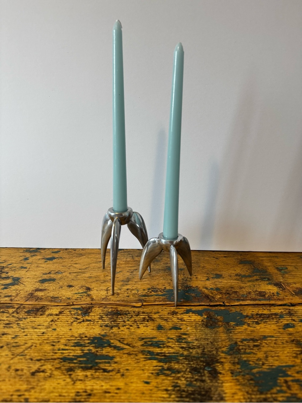 Set of 2 Silver Metal Space Age Candle Holders